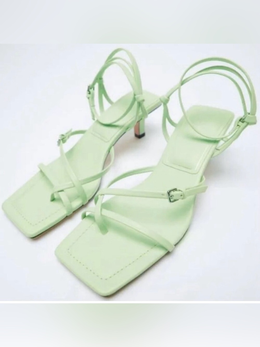 Zara Mint Green Strappy Square-Toe heeled leather sandals